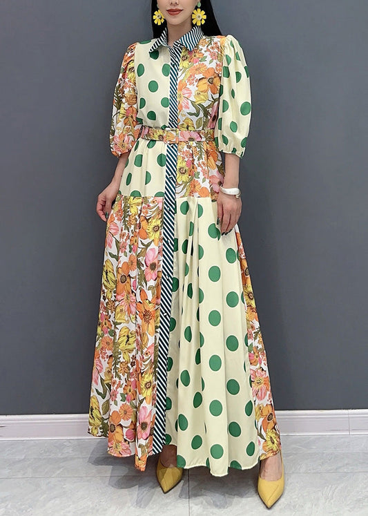 Style Green Peter Pan Collar Print Cotton Long Dress Summer AO1049 JDML-SDL240909