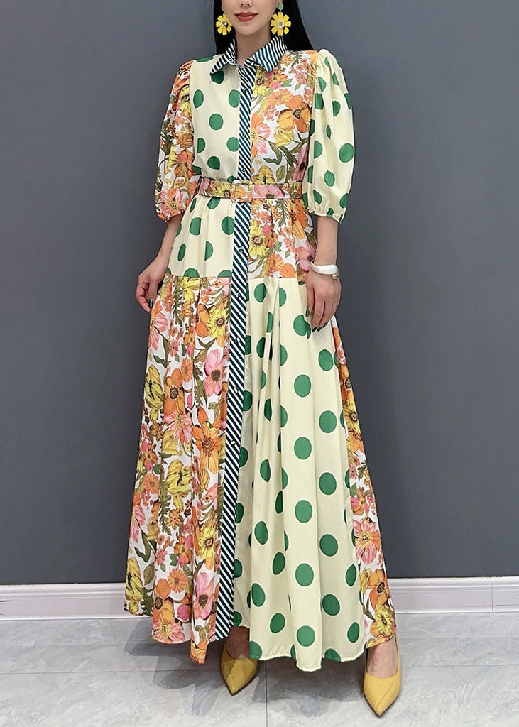 Style Green Peter Pan Collar Print Cotton Long Dress Summer AO1049 JDML-SDL240909