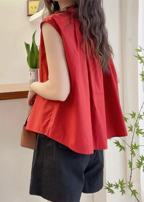 Women Red O Neck Button Cotton Blouses Sleeveless QP063 OL-STP241001