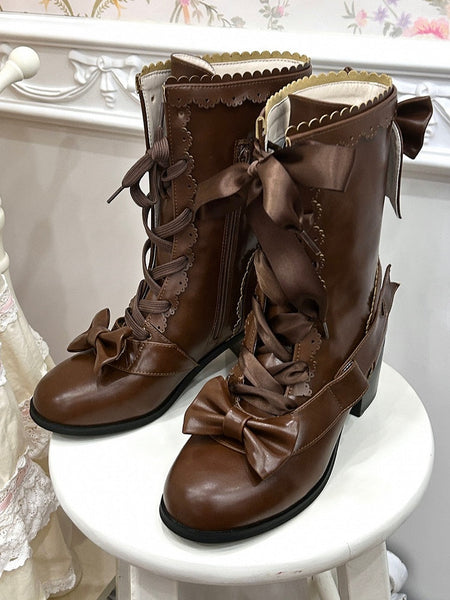 Mid-Calf Lolita Mid-heel Scalloped Brown Edge with Sweet Boots Detail Bow FashionChic