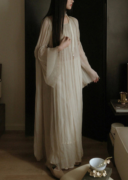Elegant White Solid Wrinkled Silk Cotton Long Dress Flare Sleeve TT1050 shopify