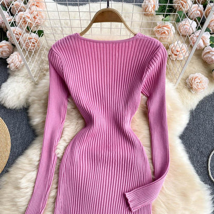 Sexy Pink V-neck Cross Slim Waist Long Sleeve Knit Sweater Dress AR1018 shopify