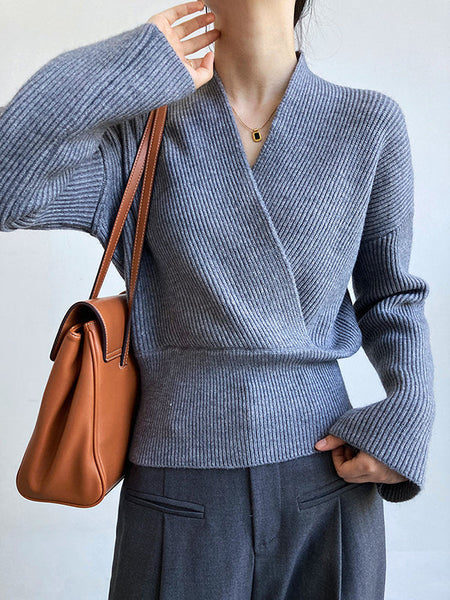 French Grey Cross V-Neck Long Sleeve Sweater QX012 shopify