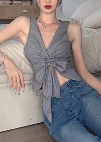 Sexy Grey V Neck Tie Waist Vest Summer AN1028 Genistyle Shop