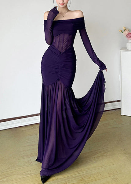 Slash Dresses Stylish Wrinkled Spring Neck Tulle Maxi Purple FashionChic