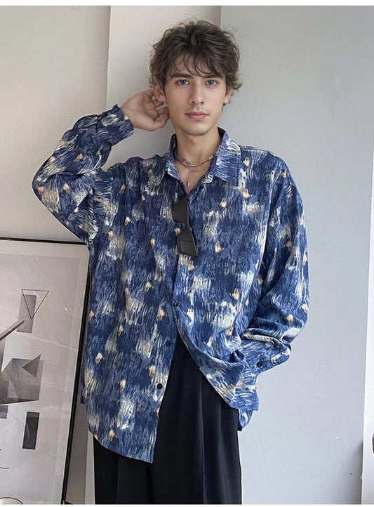 Hong Kong Style Starry Sky Oil Painting Tie Dye Shirt Men's Long Sleeved HG022 Men-Silk-MENLTP240725