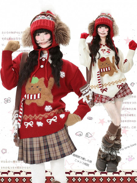 Daily Accents Motifs Strap Sweater Christmas Kawaii with Cat Striped Red/Apricot FashionChic
