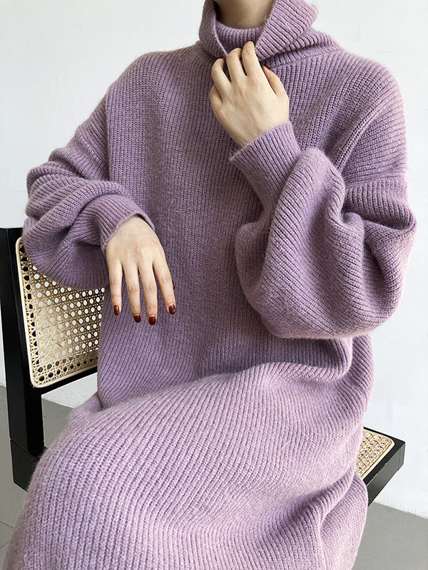 Urban Loose Purple High-Neck Long Puff Sleeve Sweater Dress AN1052 Genistyle Shop