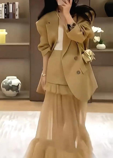Set Stylish Suit Pieces And Coat Khaki Two Skirts Spring FashionChic