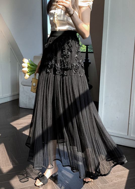 Black Wrinkled Patchwork Tulle Skirt High Waist Spring RV013 ABC