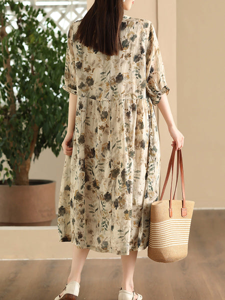 Women Summer Artsy Floral V-Neck Loose Ramie Dress LL020 ZMMM