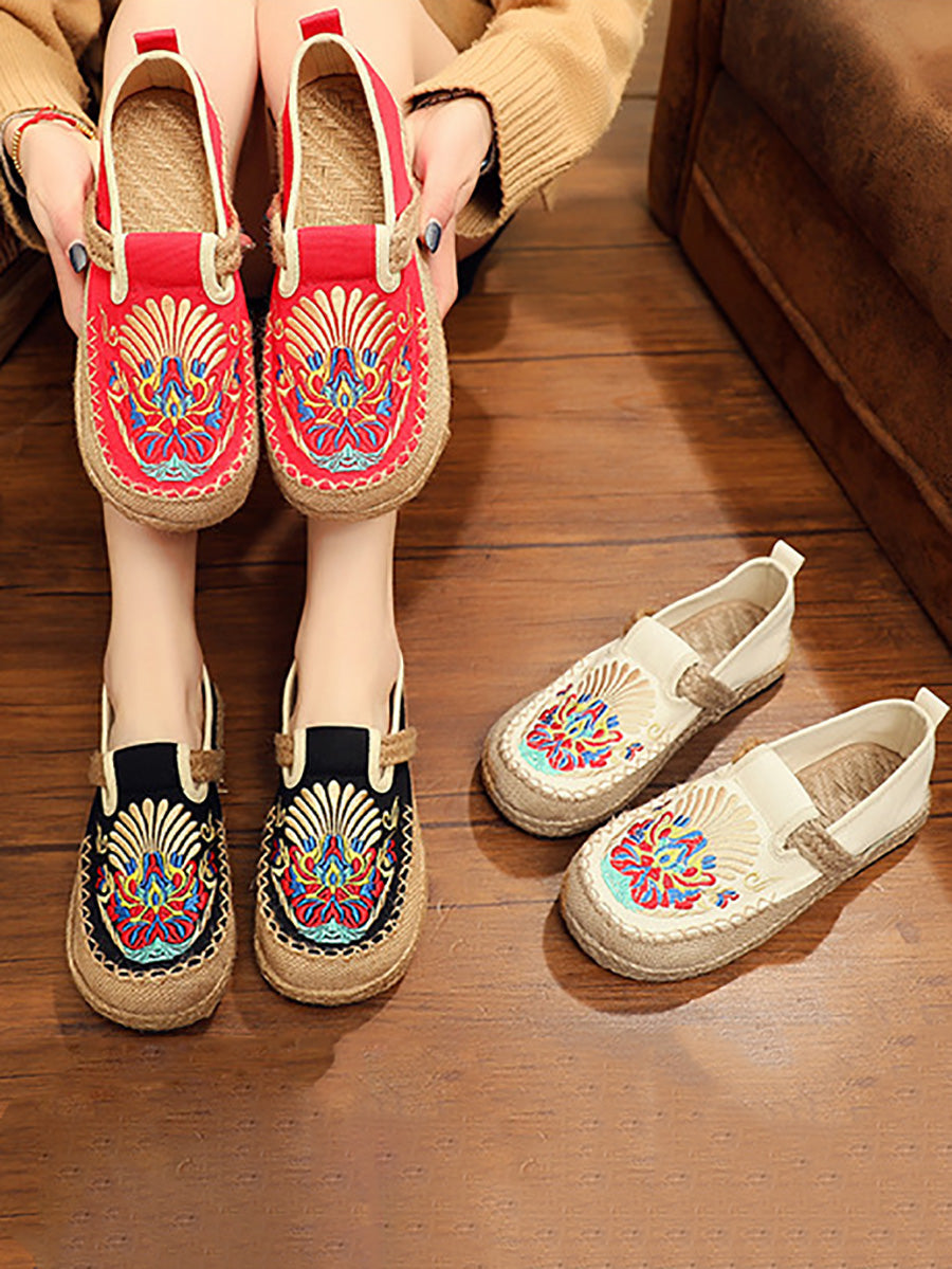 Women Summer Ethnic Embroidery Cloth Linen Flat Shoes AH1011 TACH