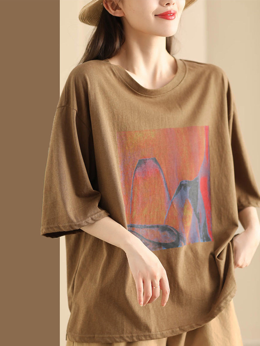 Women Summer Casual Print O-Neck Loose Shirt HH042 LPP