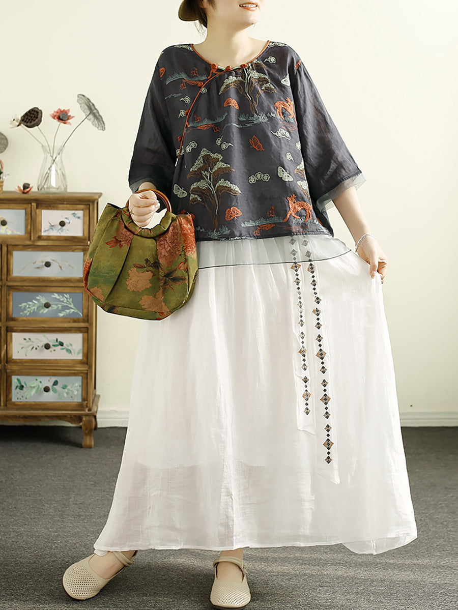 Women Vintage Summer Embroidery Ramie O-Neck Shirt OO1007 BUYKUD