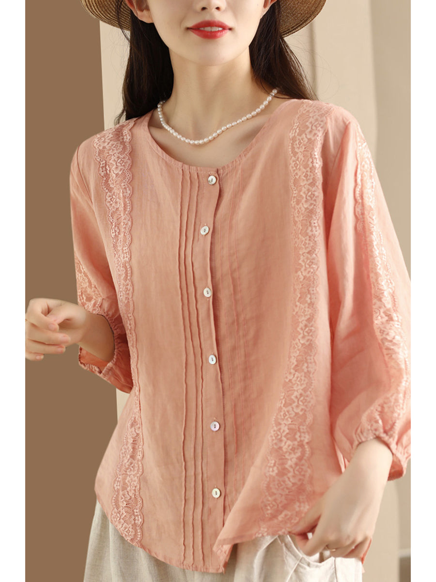 Women Summer Artsy Lace Spliced Ramie Button-Up Shirt II1020 GLL