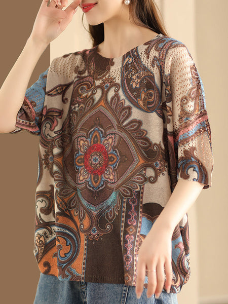 Women Summer Retro Knitted O-Neck Pullover Shirt SC1017 Ada Fashion