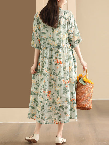 Women Summer Flower Stand Collar Ramie Dress OO1046 LPP