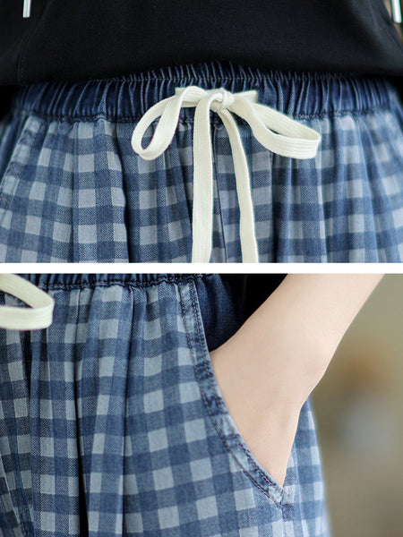 Women Summer Casual Plaid Wide-leg Cotton Pants OP1028 BUYKUD