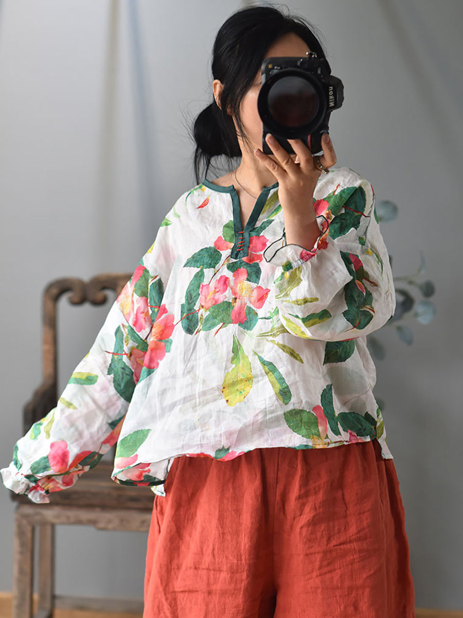 Women Ethnic Spring Flower Print V-Neck Shirt LL060 QYMM