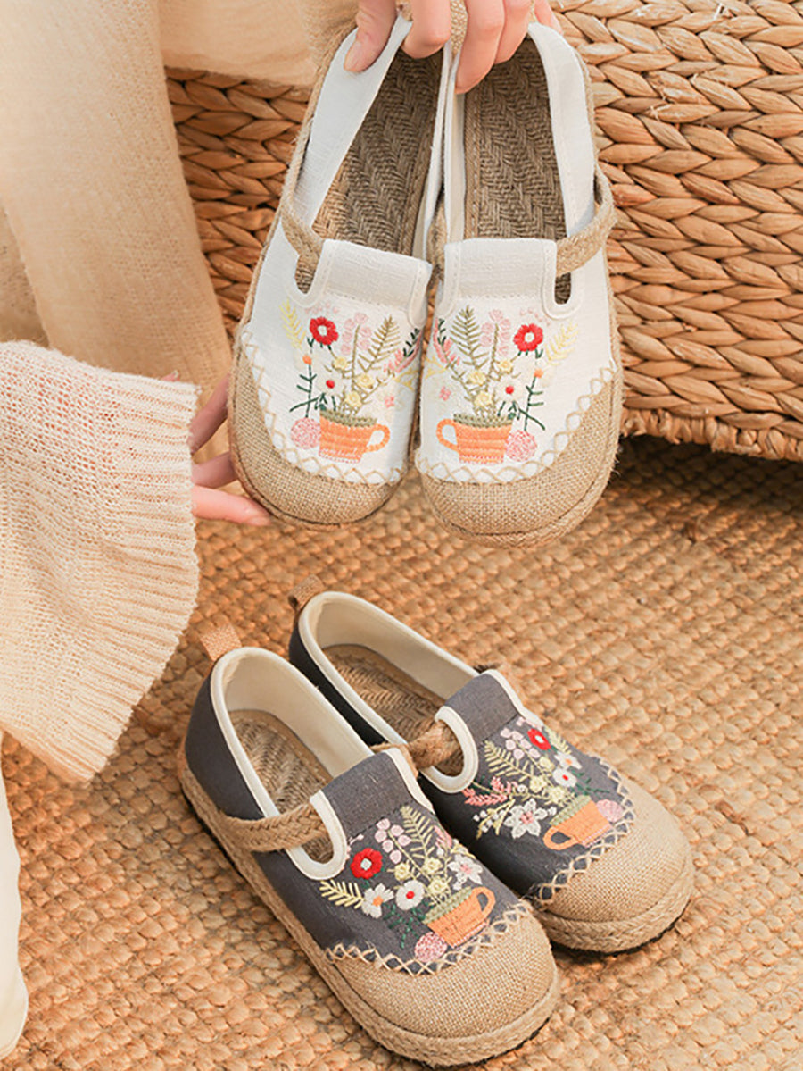 Women Summer Artsy Flower Embroidery Linen Cotton Shoes AT1080 TACH