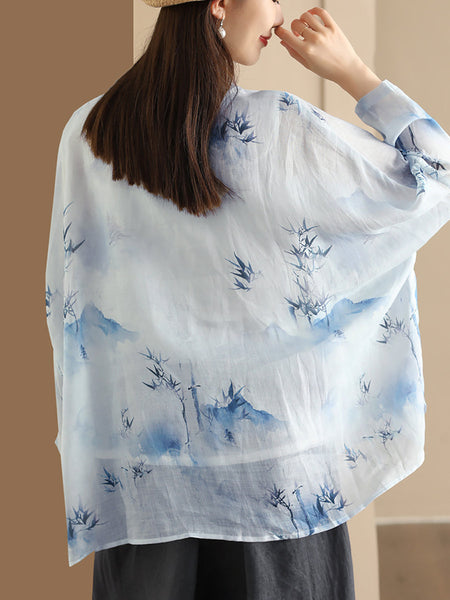 Women Summer Artsy Flower Button-Up Ramie Shirt HH016 ZMMM