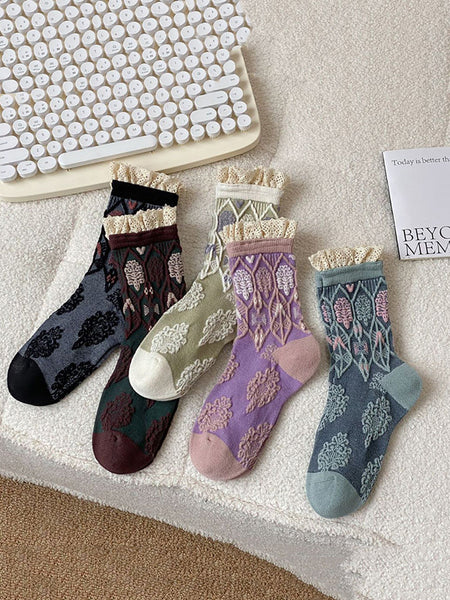 5 Pairs Women Autumn Artsy Flower JAcquard Cotton Socks QM009 BUYKUD