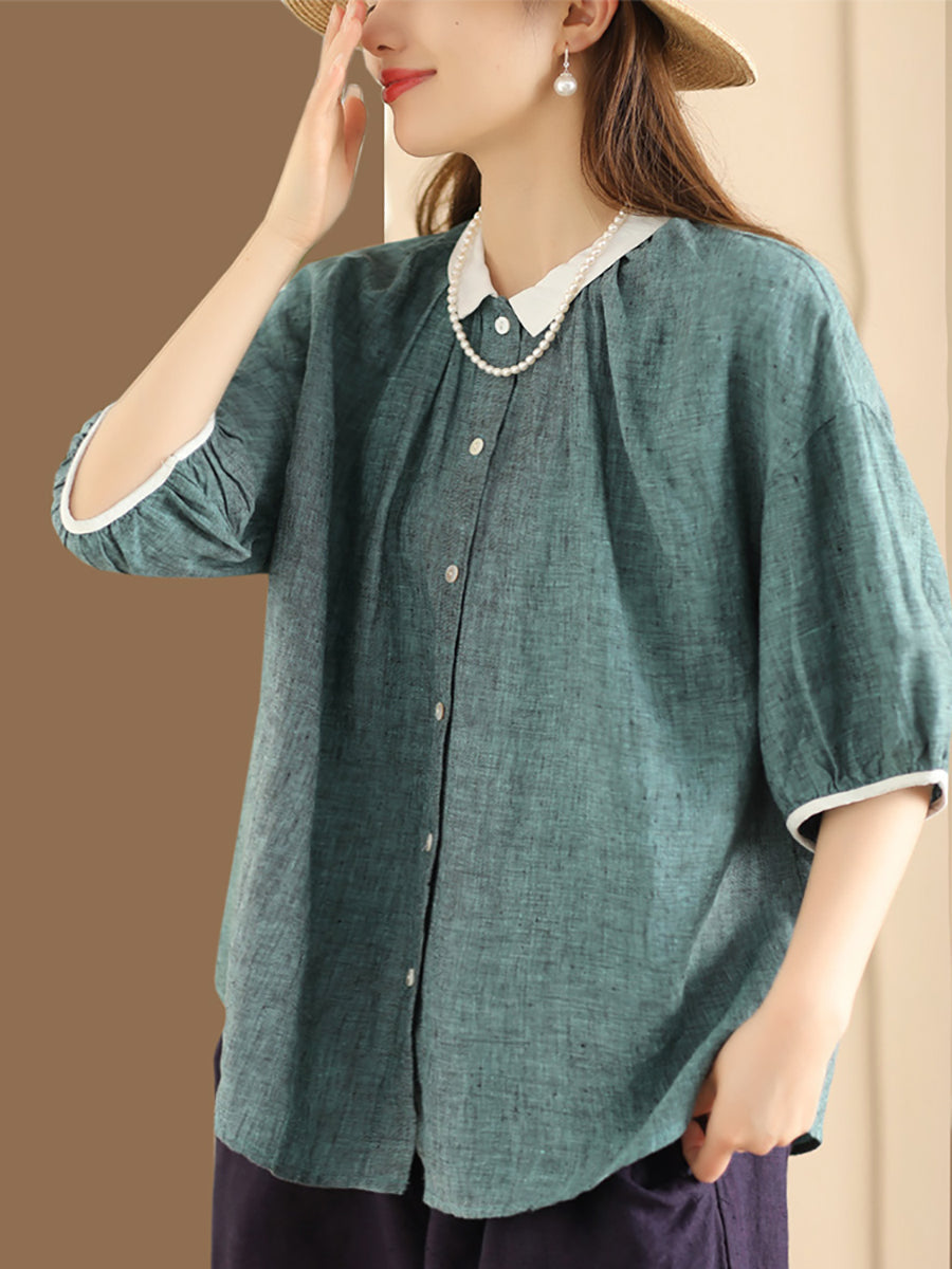 Women Summer Artsy Colorblock Button-up Linen Shirt XX1009 Ada Fashion