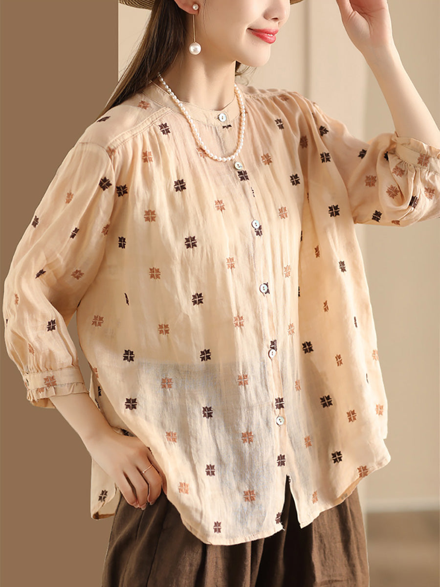 Women Spring Floral Embroidery Linen Button-Up Shirt CO1010 Ada Fashion