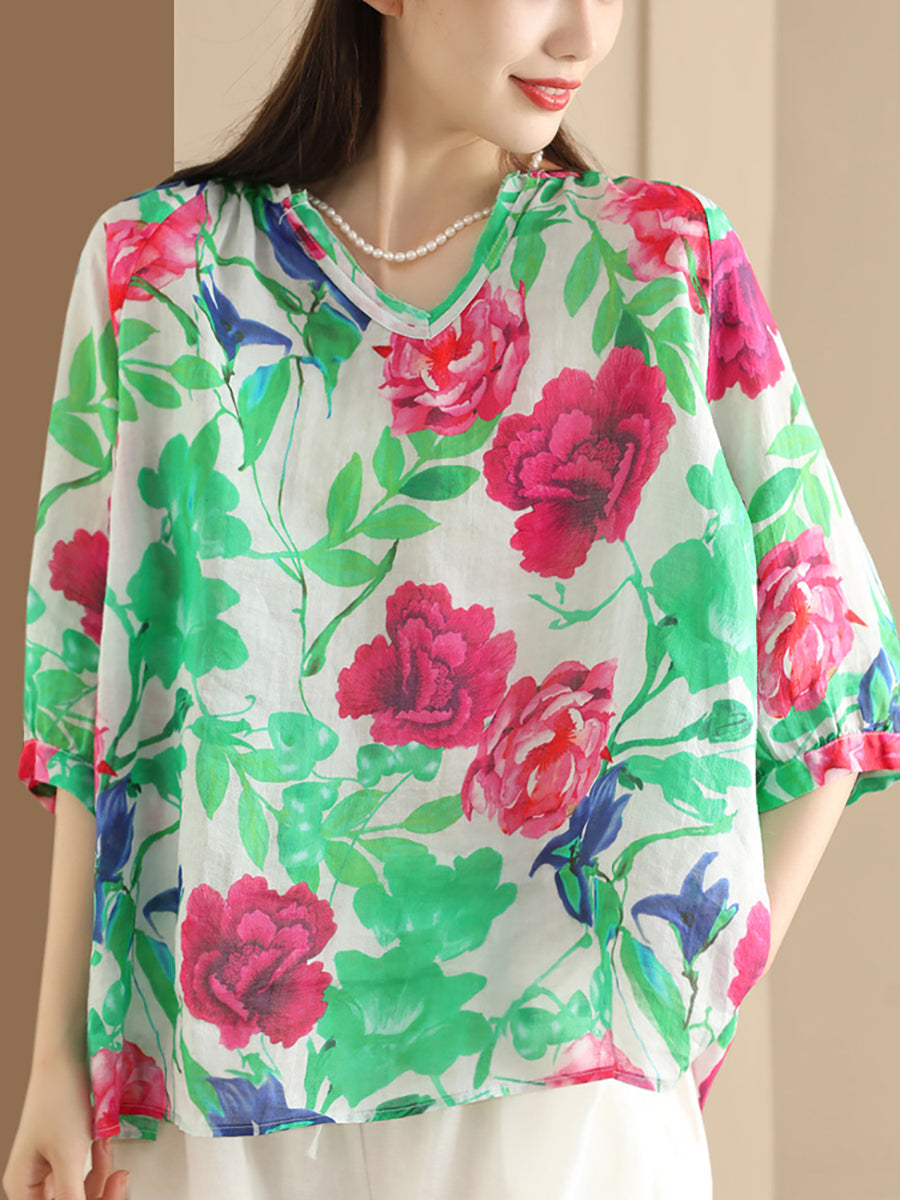 Women Summer Flower V-Neck Ramie Loose Shirt OO1035 ZMMM