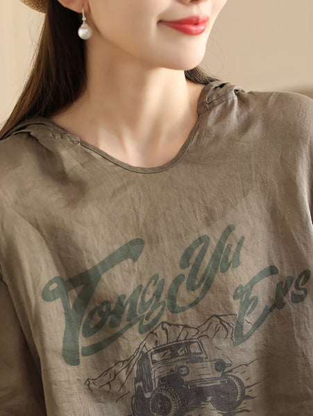 Women Summer Casual Print Thin Ramie HoodedShirt LL038 BUYKUD