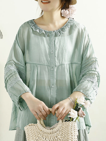 Women Artsy Solid Lacework Button-up Ramie Shirt HH043 MZS