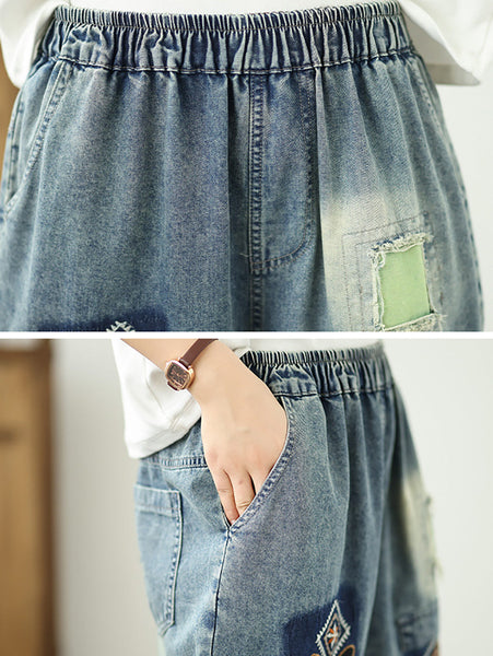 Denim Flower Retro Embroidery Fifth Women Pants Patchwork FashionChic