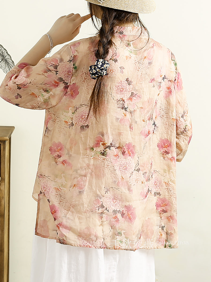 Women Summer Vintage Floral Buckle Ramie Shirt OO1043 XJYF