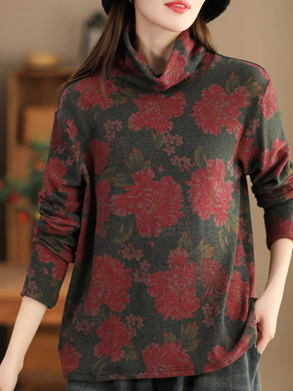 Women Vintage Autumn Flower Turtleneck Sweatshirt AK1023 Genistyle Shop