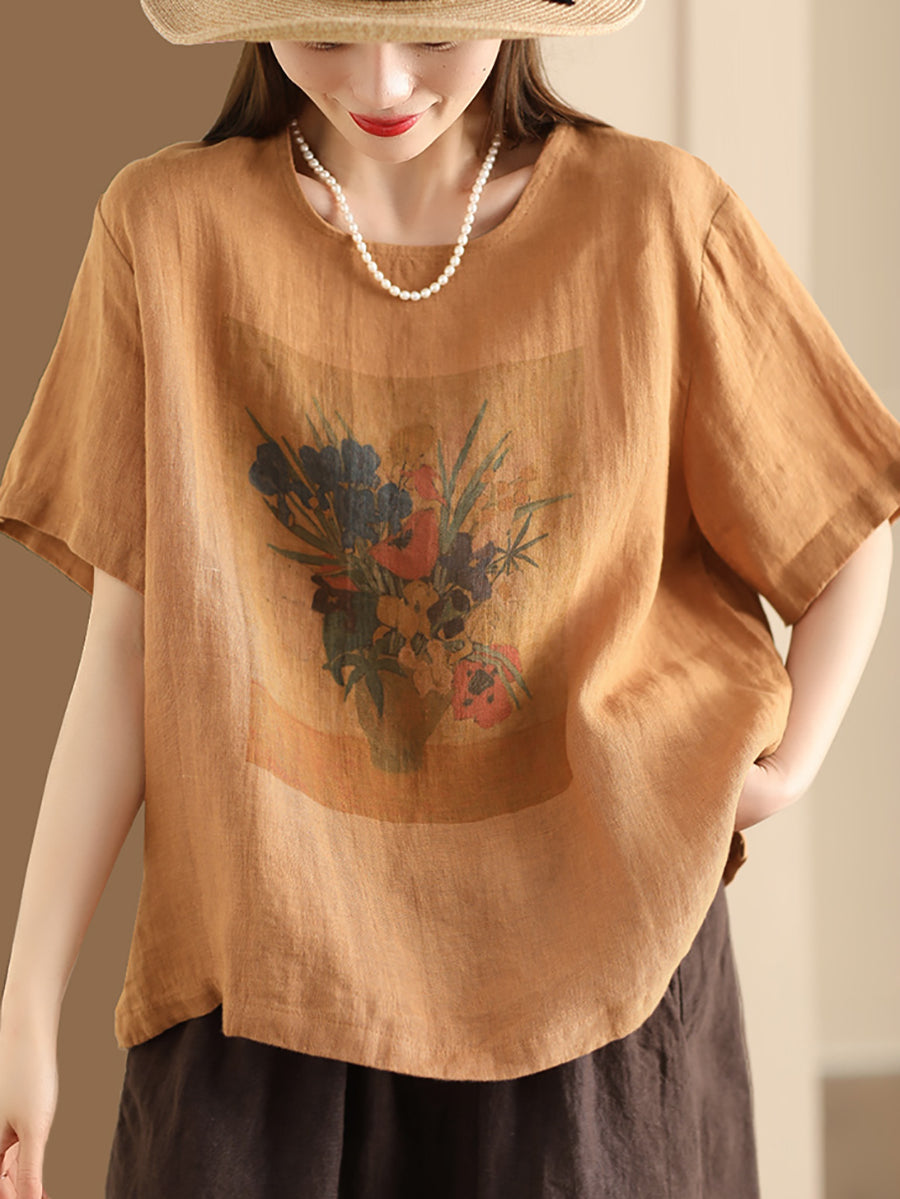 Women Summer Casual Flower Linen Pullover Shirt TY1022 Ada Fashion