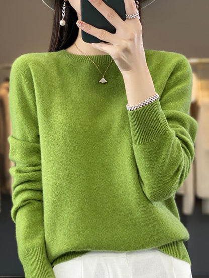 Women Autumn Solid Knit 100%Wool O-Neck Sweater WU023 BK