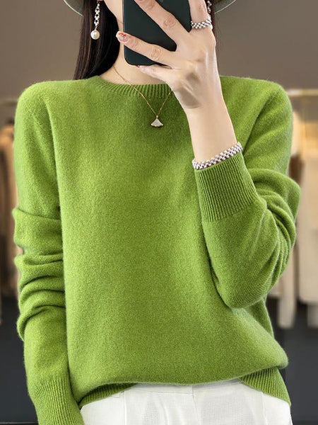 Women Autumn Solid Knit 100%Wool O-Neck Sweater WU023 BK