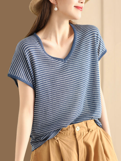 Women Summer Casual Stripe V-Neck Shirt AA1013 Ada Fashion