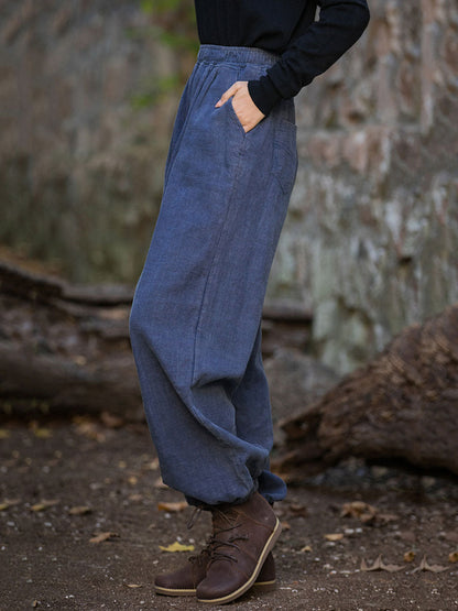 Women Vintage Autumn Solid Loose Ramie Cuffed Pants AT1013 BXF