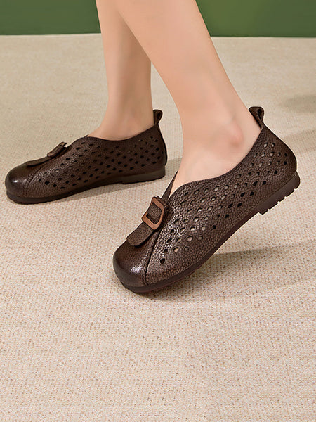 Leather Shoes Women Spliced Vintage Flat Summer FashionChic