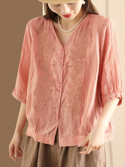 Women Vintage Summer Embroidery V-Neck Ramie Shirt PA1003 Ada Fashion