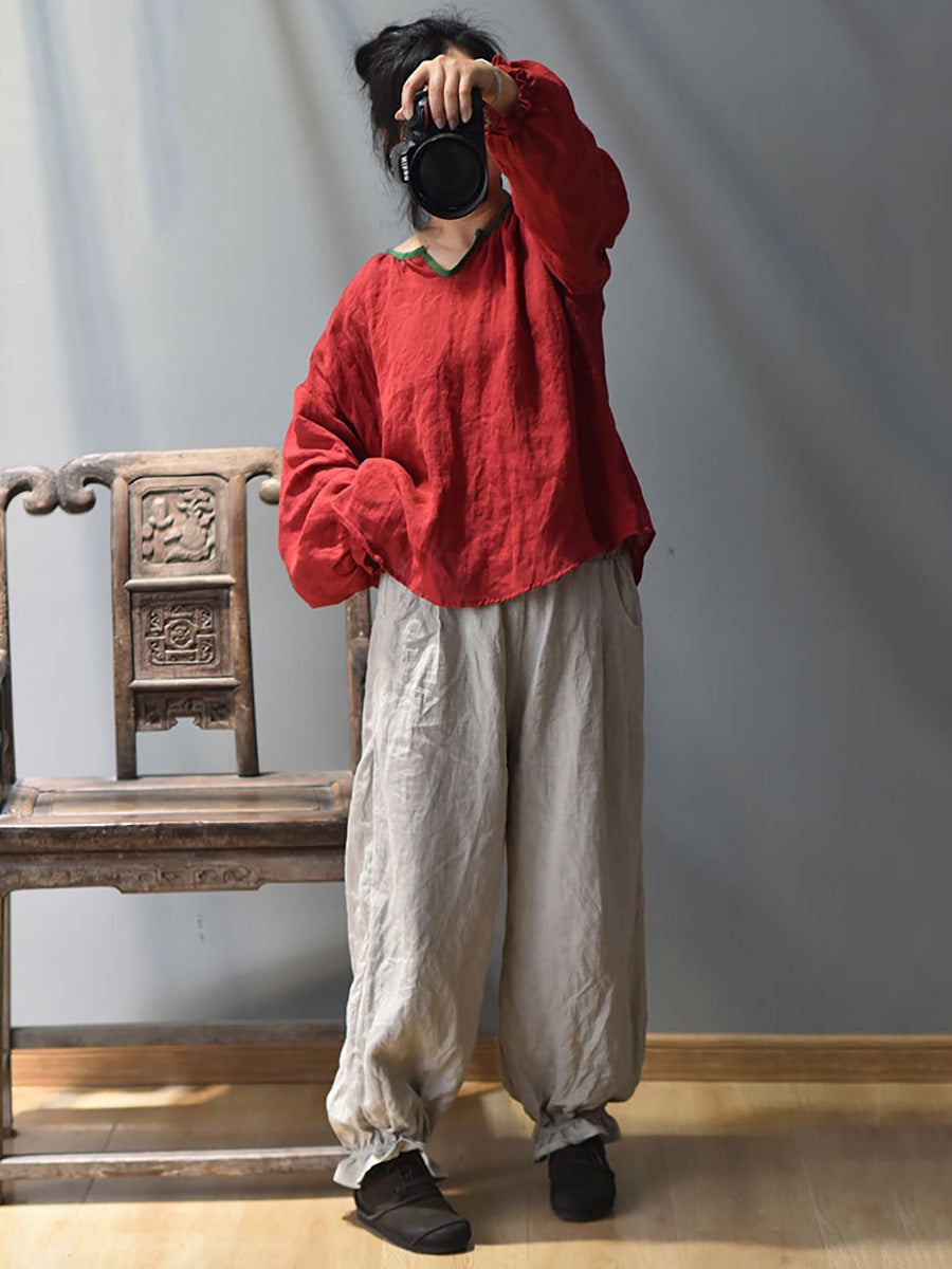 Women Spring Retro V-Neck Puff Sleeve Shirt AV1037 Genistyle Shop