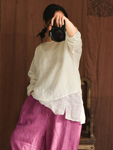 Women Casual Solid Split Hem Stitching Loose Ramie Vest LL023 QYMM