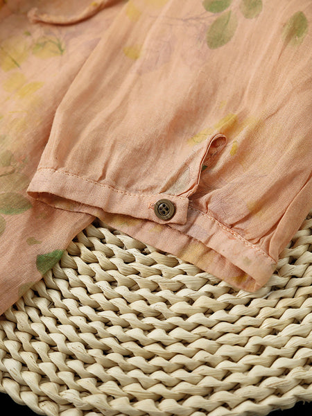 Women Summer Vintage Flower Buckle V-Neck Ramie Shirt HH014 BUYKUD