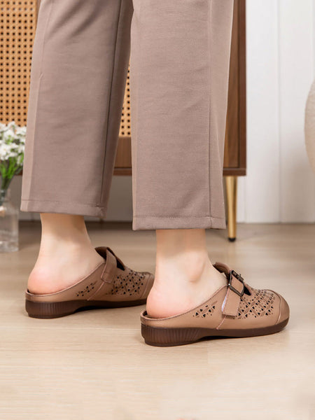 Heel Hollow Out Genuine Low Leather Women Shoes Vintage FashionChic