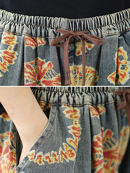 Women Straight Pants Retro Capri Flower Denim FashionChic