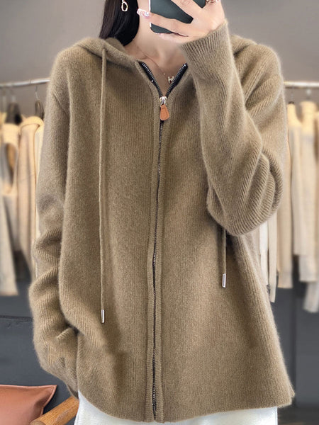 Women Autumn Casual 100%Wool Hooded Cardigan Sweater BA1059 Genistyle Shop