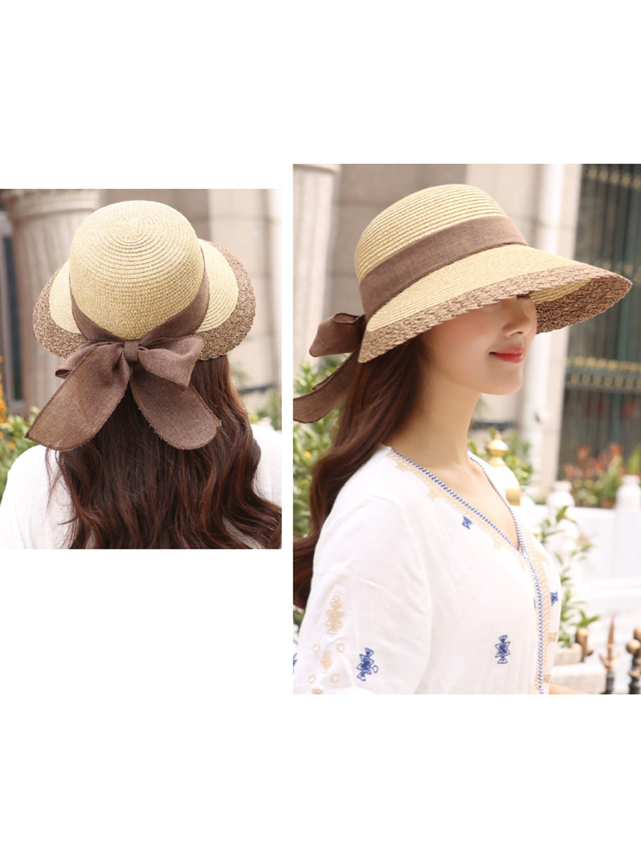 Women Summer Straw Colorblock Large Brim Sunproof Hat ZZ1028 Ada Fashion