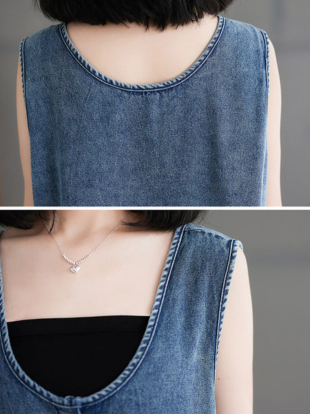 Women Casual Summer Denim A-Shape Loose Vest Dress FD054 BUYKUD