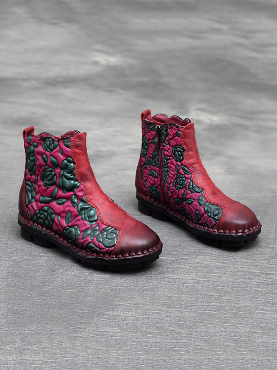 Women Retro Flower Leather Spliced Zipper Low Heel Boots AT1067 RXMY